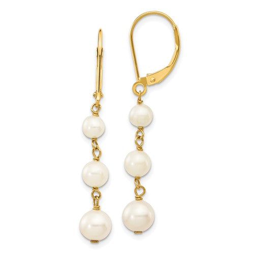PGE 14k 4-6mm White Semi-round Freshwater Cultured Pearl Dangle Leverback Earrings
