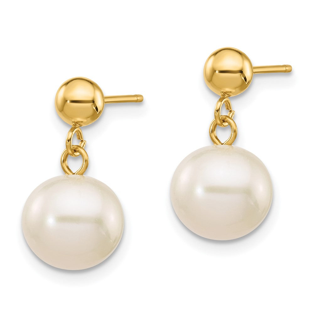 PGE 14k 8-8.5mm White Round Freshwater Cultured Pearl Post Dangle Earrings