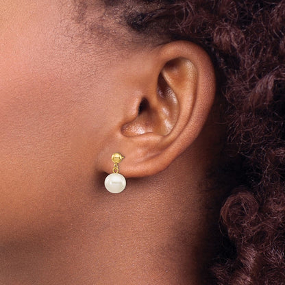 PGE 14k 8-8.5mm White Round Freshwater Cultured Pearl Post Dangle Earrings