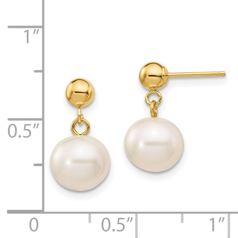 PGE 14k 8-8.5mm White Round Freshwater Cultured Pearl Post Dangle Earrings