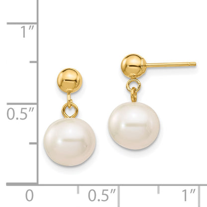 PGE 14k 8-8.5mm White Round Freshwater Cultured Pearl Post Dangle Earrings
