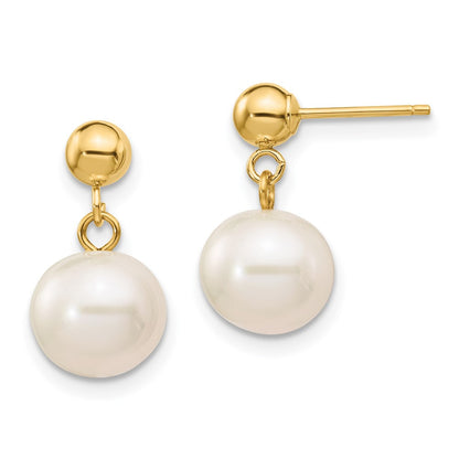 PGE 14k 8-8.5mm White Round Freshwater Cultured Pearl Post Dangle Earrings