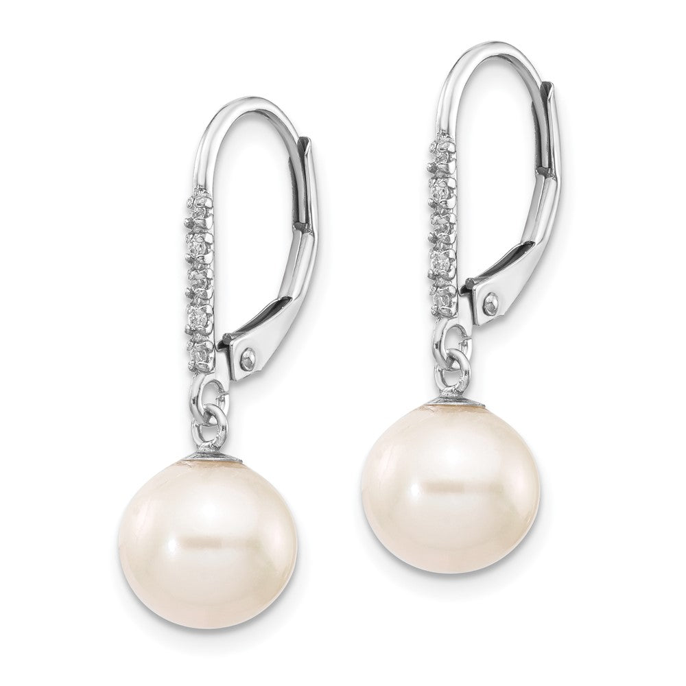 PGE 14k White Gold 8-9mm White Round Freshwater Cultured Pearl and .05 Carat Diamond Dangle Leverback Earrings