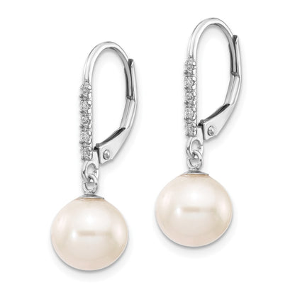 PGE 14k White Gold 8-9mm White Round Freshwater Cultured Pearl and .05 Carat Diamond Dangle Leverback Earrings