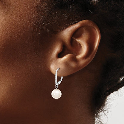 PGE 14k White Gold 8-9mm White Round Freshwater Cultured Pearl and .05 Carat Diamond Dangle Leverback Earrings