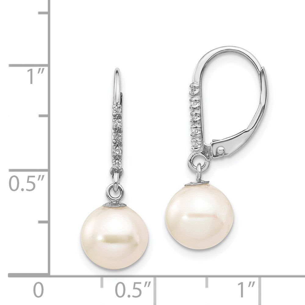 PGE 14k White Gold 8-9mm White Round Freshwater Cultured Pearl and .05 Carat Diamond Dangle Leverback Earrings