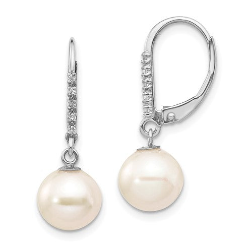 PGE 14k White Gold 8-9mm White Round Freshwater Cultured Pearl and .05 Carat Diamond Dangle Leverback Earrings