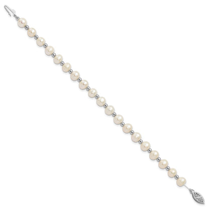 PGB 14k White Gold 6-7mm White Near-Round Freshwater Cultured Pearl Beaded 7 inch Bracelet