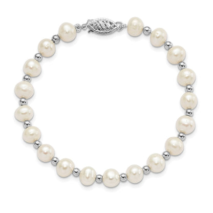 PGB 14k White Gold 6-7mm White Near-Round Freshwater Cultured Pearl Beaded 7 inch Bracelet