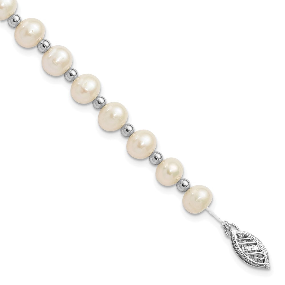 PGB 14k White Gold 6-7mm White Near-Round Freshwater Cultured Pearl Beaded 7 inch Bracelet