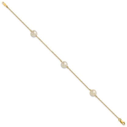 PGB 14k 7-8mm White Near-Round Freshwater Cultured Pearl 3-Station 7.25 inch Bracelet