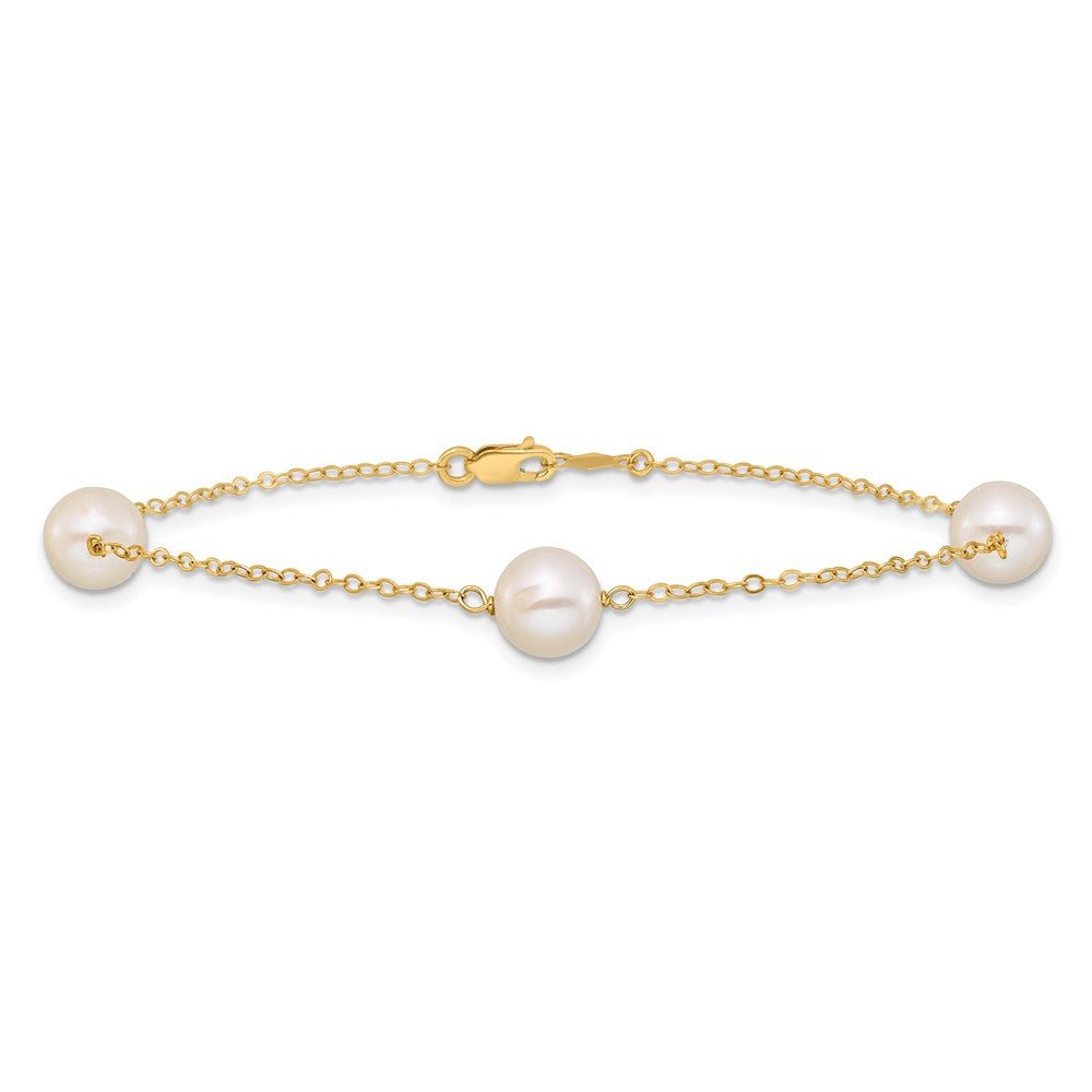 PGB 14k 7-8mm White Near-Round Freshwater Cultured Pearl 3-Station 7.25 inch Bracelet