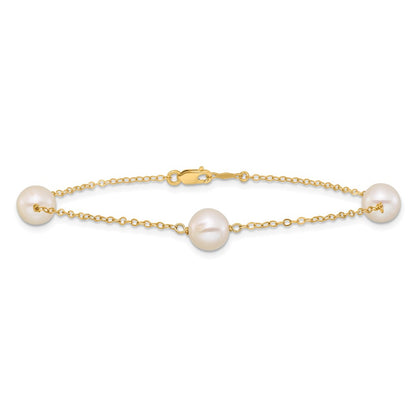PGB 14k 7-8mm White Near-Round Freshwater Cultured Pearl 3-Station 7.25 inch Bracelet