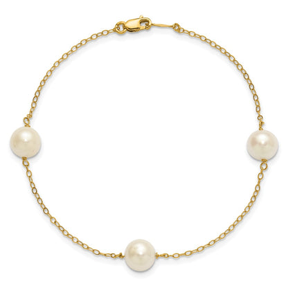PGB 14k 7-8mm White Near-Round Freshwater Cultured Pearl 3-Station 7.25 inch Bracelet