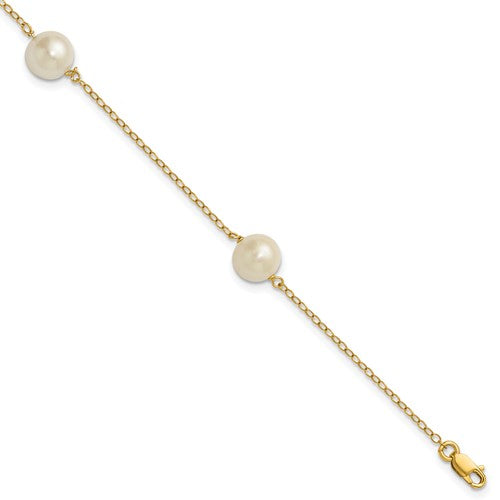 PGB 14k 7-8mm White Near-Round Freshwater Cultured Pearl 3-Station 7.25 inch Bracelet