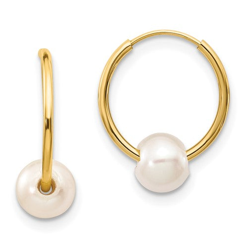 PGE 14k 5-6mm White Semi-round Freshwater Cultured Pearl Endless Hoop Earrings