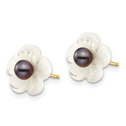 PGE 14k 3-4mm Black Round Freshwater Cultured Pearl and 10 mm White Mother of Pearl Flower Post Earrings