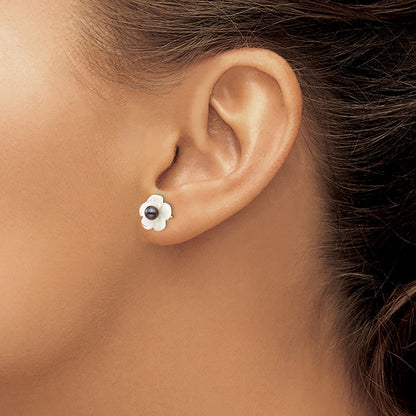 PGE 14k 3-4mm Black Round Freshwater Cultured Pearl and 10 mm White Mother of Pearl Flower Post Earrings