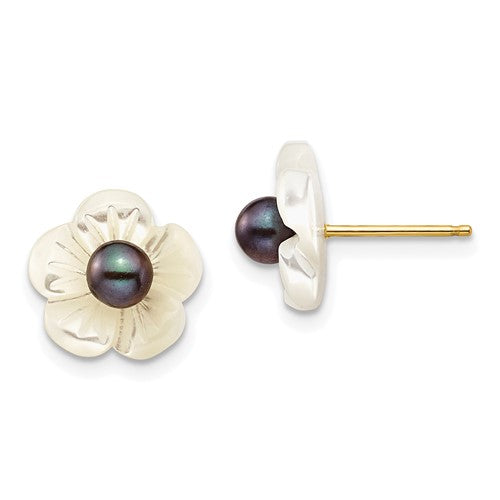PGE 14k 3-4mm Black Round Freshwater Cultured Pearl and 10 mm White Mother of Pearl Flower Post Earrings