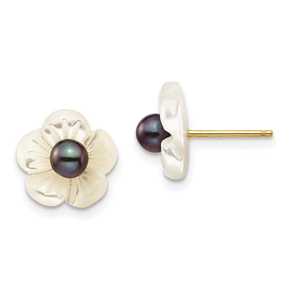 PGE 14k 3-4mm Black Round Freshwater Cultured Pearl and 10 mm White Mother of Pearl Flower Post Earrings