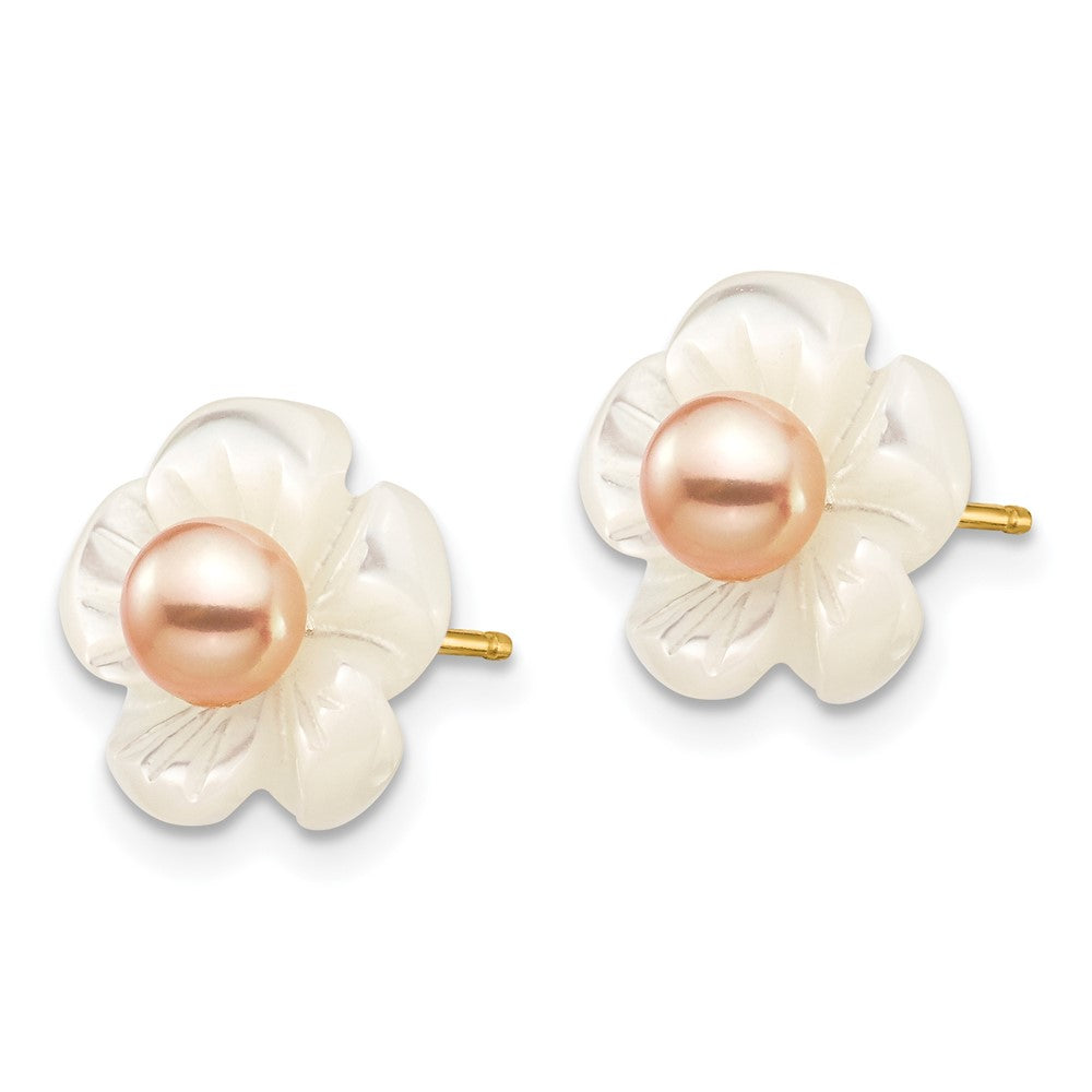 PGE 14k 3-4mm Pink Round Freshwater Cultured Pearl and 10mm White Mother of Pearl Flower Post Earrings