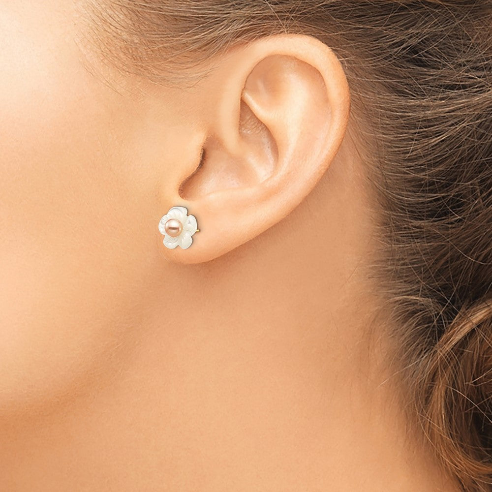 PGE 14k 3-4mm Pink Round Freshwater Cultured Pearl and 10mm White Mother of Pearl Flower Post Earrings
