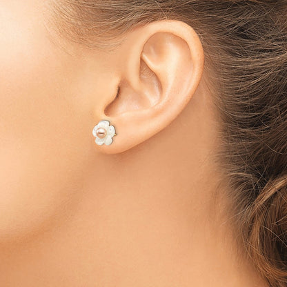 PGE 14k 3-4mm Pink Round Freshwater Cultured Pearl and 10mm White Mother of Pearl Flower Post Earrings