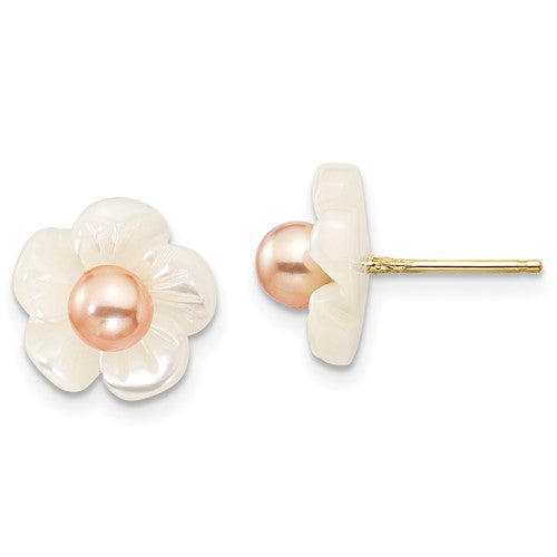 PGE 14k 3-4mm Pink Round Freshwater Cultured Pearl and 10mm White Mother of Pearl Flower Post Earrings