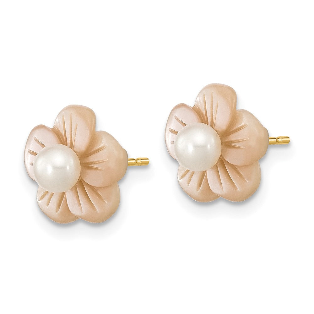 PGE 14k 3-4mm White Round Freshwater Cultured Pearl and Pink Mother of Pearl Flower Post Earrings