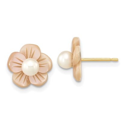 PGE 14k 3-4mm White Round Freshwater Cultured Pearl and Pink Mother of Pearl Flower Post Earrings
