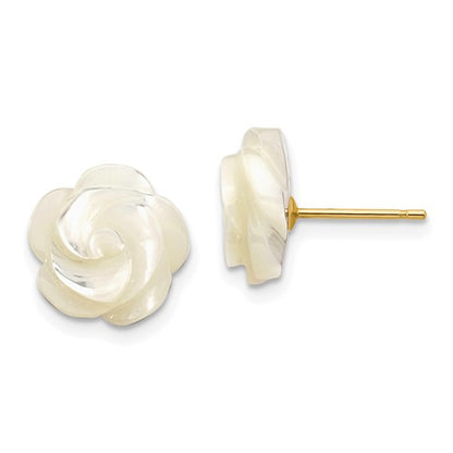 PGE 14k 10mm White Mother of Pearl Flower Design Post Stud Earrings