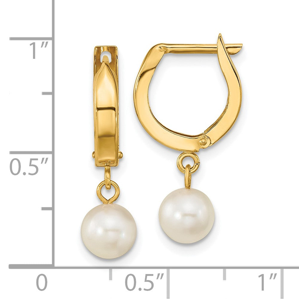 PGE 14k 6-7mm White Round Akoya Saltwater Cultured Pearl Dangle Hinged Hoop Earrings