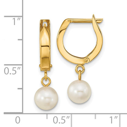 PGE 14k 6-7mm White Round Akoya Saltwater Cultured Pearl Dangle Hinged Hoop Earrings