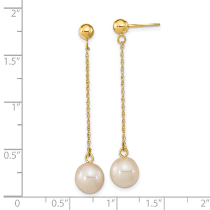 PGE 14k 7-8mm White Round Freshwater Cultured Pearl Chain Dangle Post Earrings