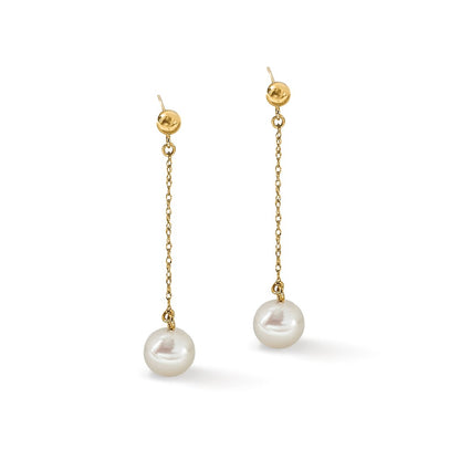 PGE 14k 7-8mm White Round Freshwater Cultured Pearl Chain Dangle Post Earrings