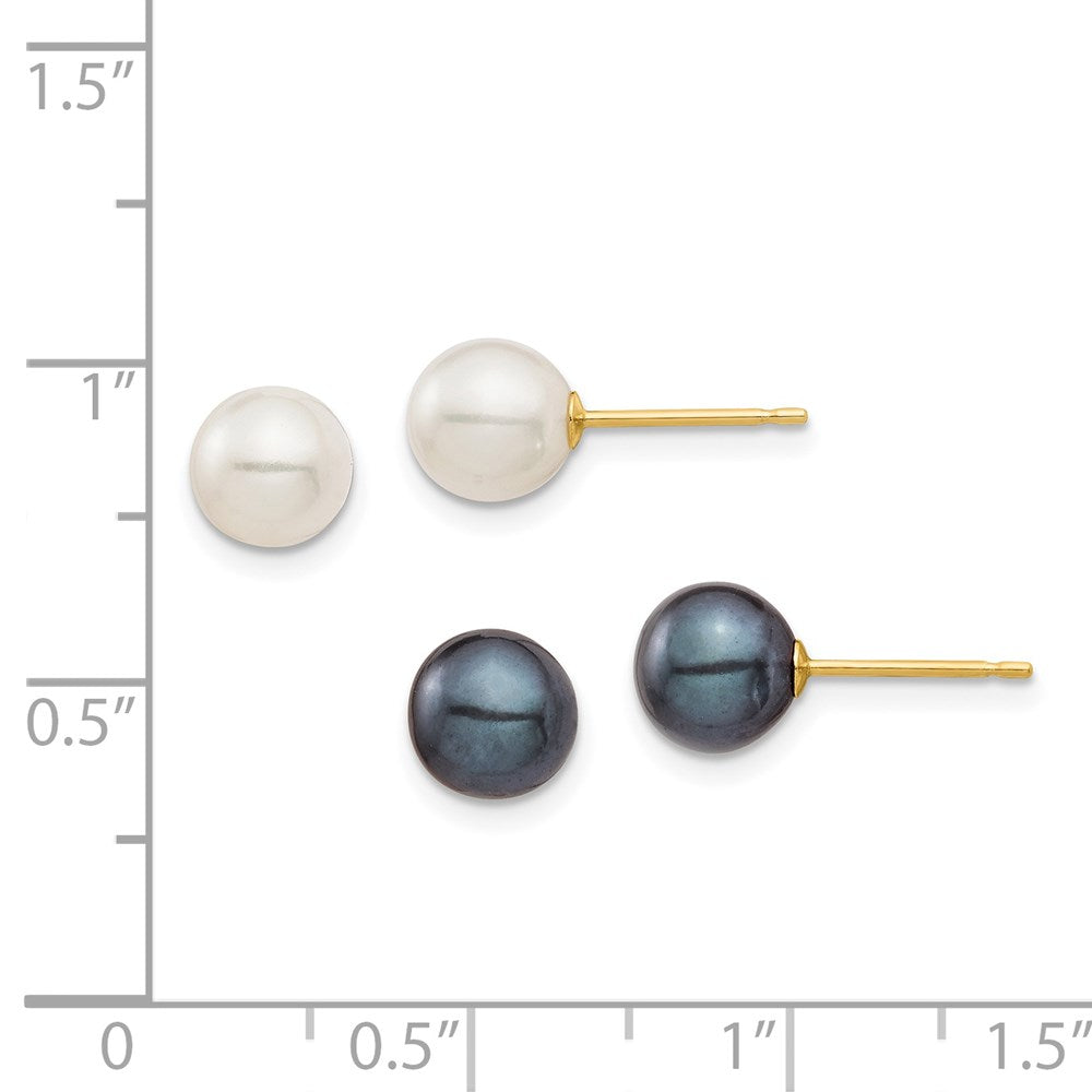 PGE 14k 6-7mm Black and White Round Freshwater Cultured Pearl 2 Pair Stud Post Earrings Set