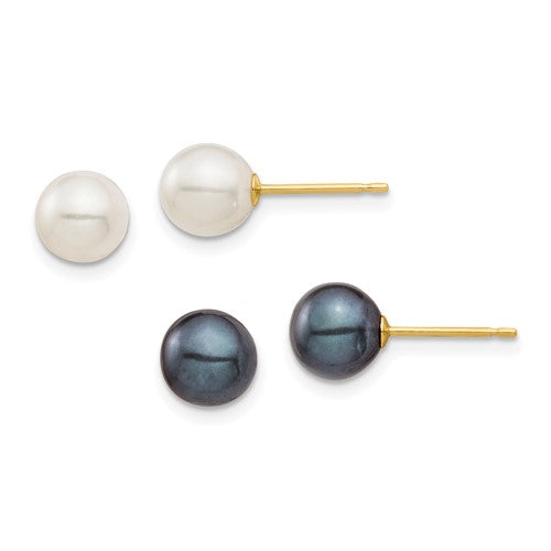PGE 14k 6-7mm Black and White Round Freshwater Cultured Pearl 2 Pair Stud Post Earrings Set