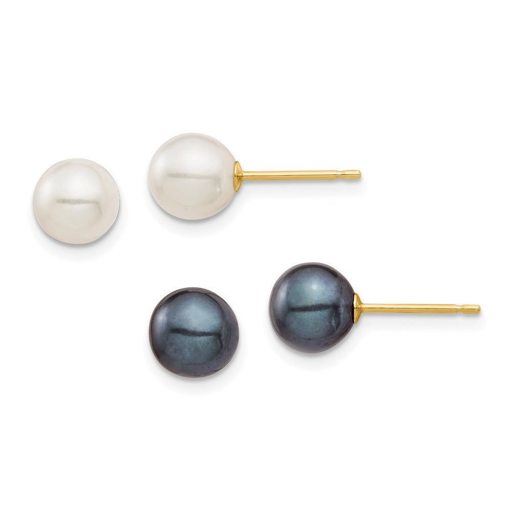 PGE 14k 6-7mm Black and White Round Freshwater Cultured Pearl 2 Pair Stud Post Earrings Set