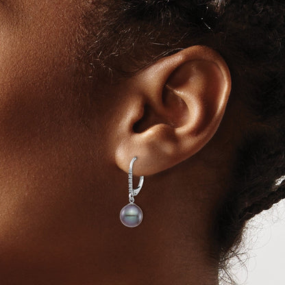 PGE 14k White Gold 8-9mm Black Round Freshwater Cultured Pearl and .05 Carat Diamond Dangle Leverback Earrings
