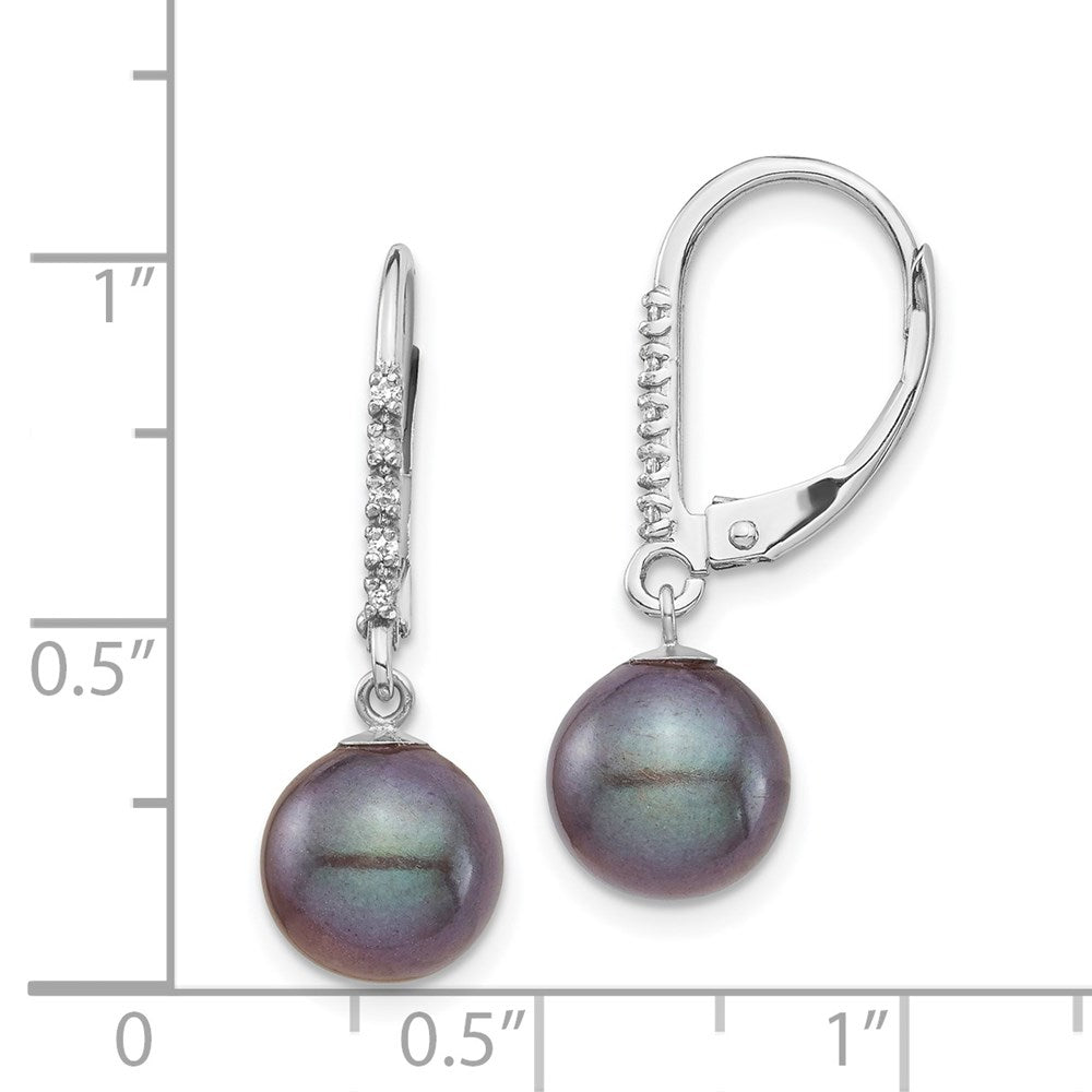 PGE 14k White Gold 8-9mm Black Round Freshwater Cultured Pearl and .05 Carat Diamond Dangle Leverback Earrings