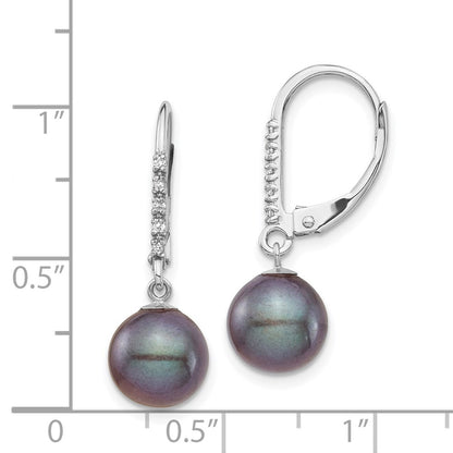 PGE 14k White Gold 8-9mm Black Round Freshwater Cultured Pearl and .05 Carat Diamond Dangle Leverback Earrings