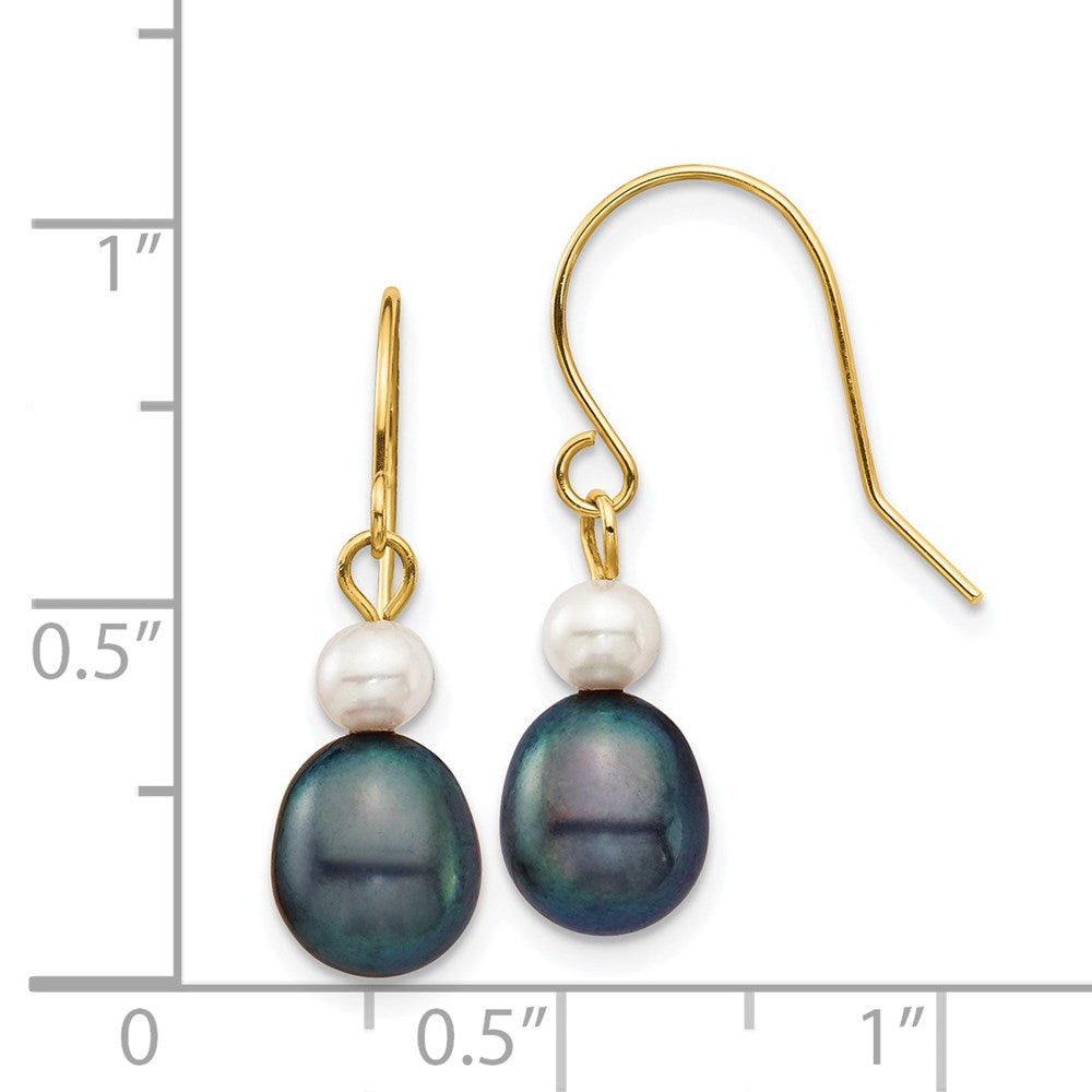 PGE 14k 4-7mm Black Rice and White Round Freshwater Cultured Pearl Dangle Earrings