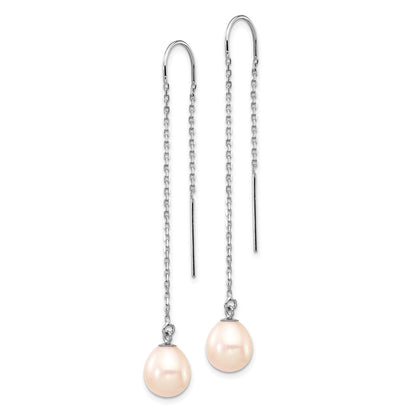 PGE 14k White Gold 7-8mm White Teardrop Freshwater Cultured Pearl Threader Earrings