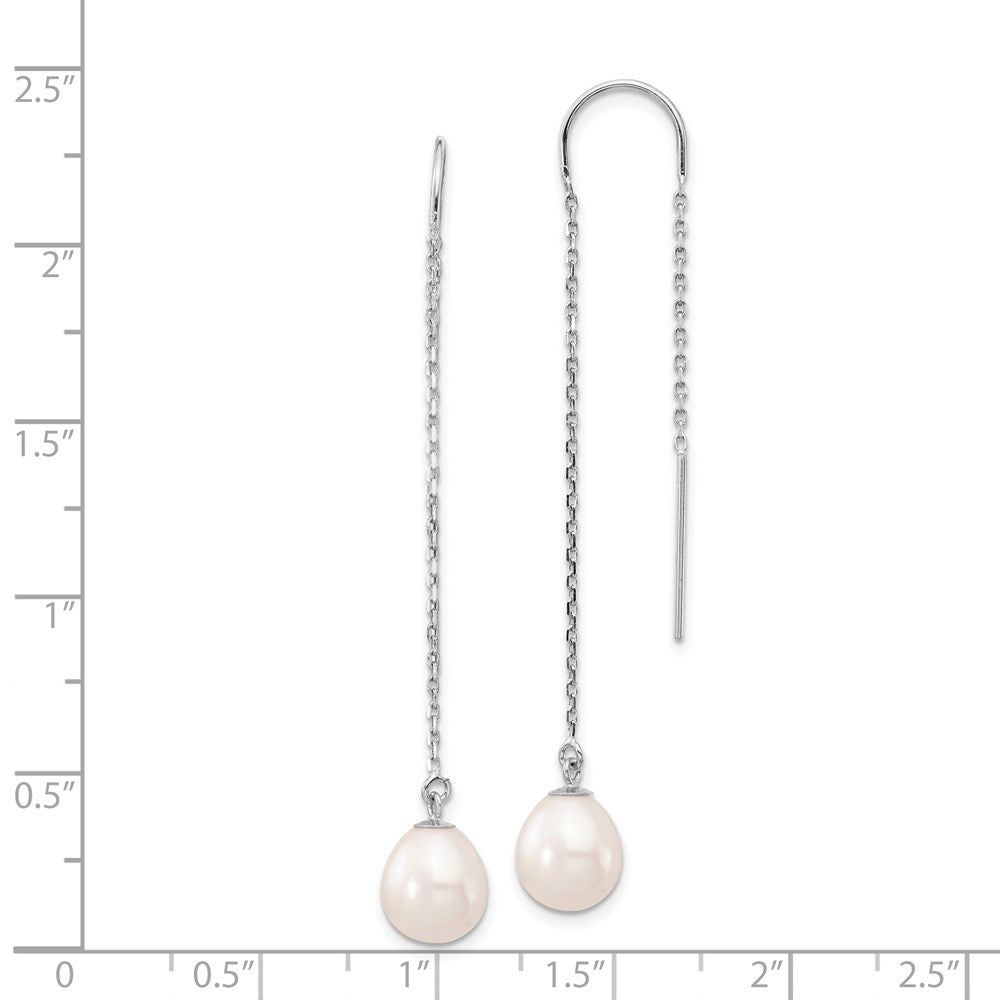PGE 14k White Gold 7-8mm White Teardrop Freshwater Cultured Pearl Threader Earrings