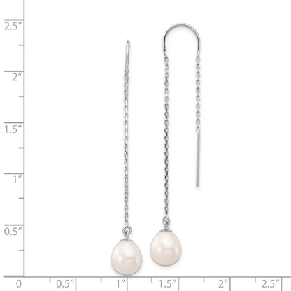 PGE 14k White Gold 7-8mm White Teardrop Freshwater Cultured Pearl Threader Earrings
