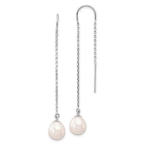 PGE 14k White Gold 7-8mm White Teardrop Freshwater Cultured Pearl Threader Earrings