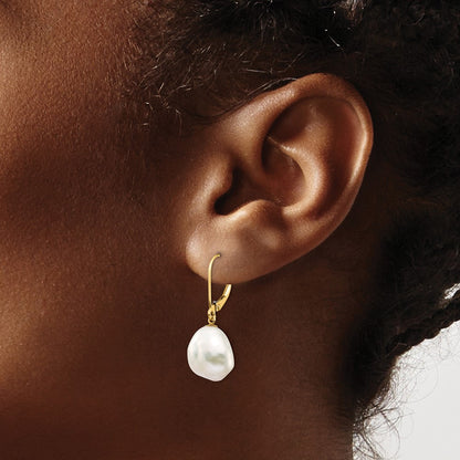 PGE 14k 10x12mm White Keshi Freshwater Cultured Pearl Dangle Leverback Earrings