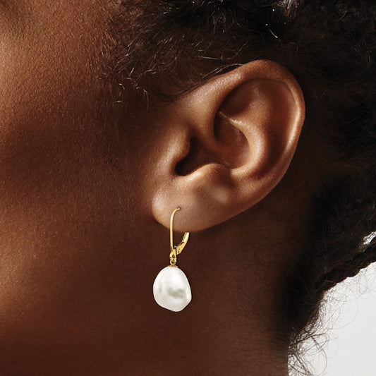 PGE 14k 10x12mm White Keshi Freshwater Cultured Pearl Dangle Leverback Earrings