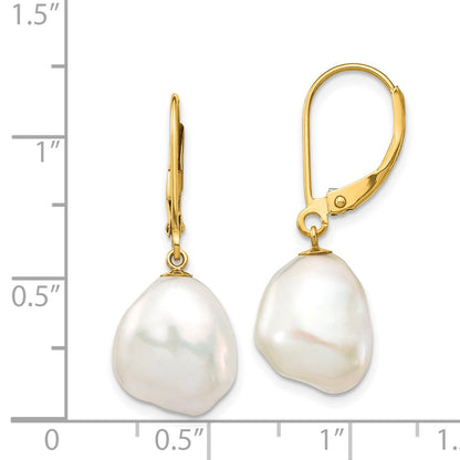 PGE 14k 10x12mm White Keshi Freshwater Cultured Pearl Dangle Leverback Earrings
