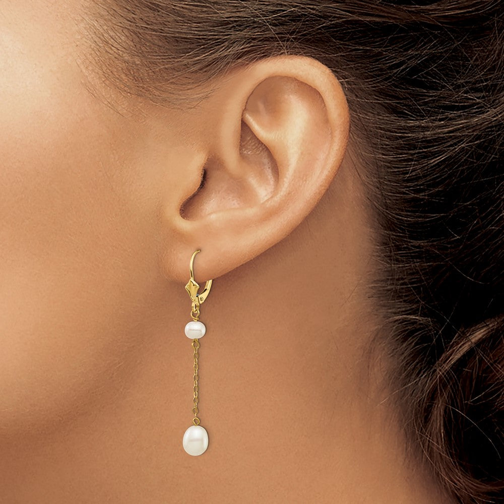 PGE 14k 5-7mm White Rice and Semi-Round Freshwater Cultured Pearl Chain Dangle Leverback Earrings